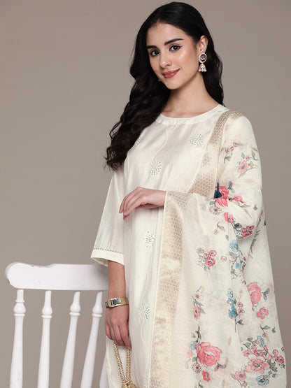 Straight Style Silk Fabric White Color Kurta With Bottom And Dupatta
