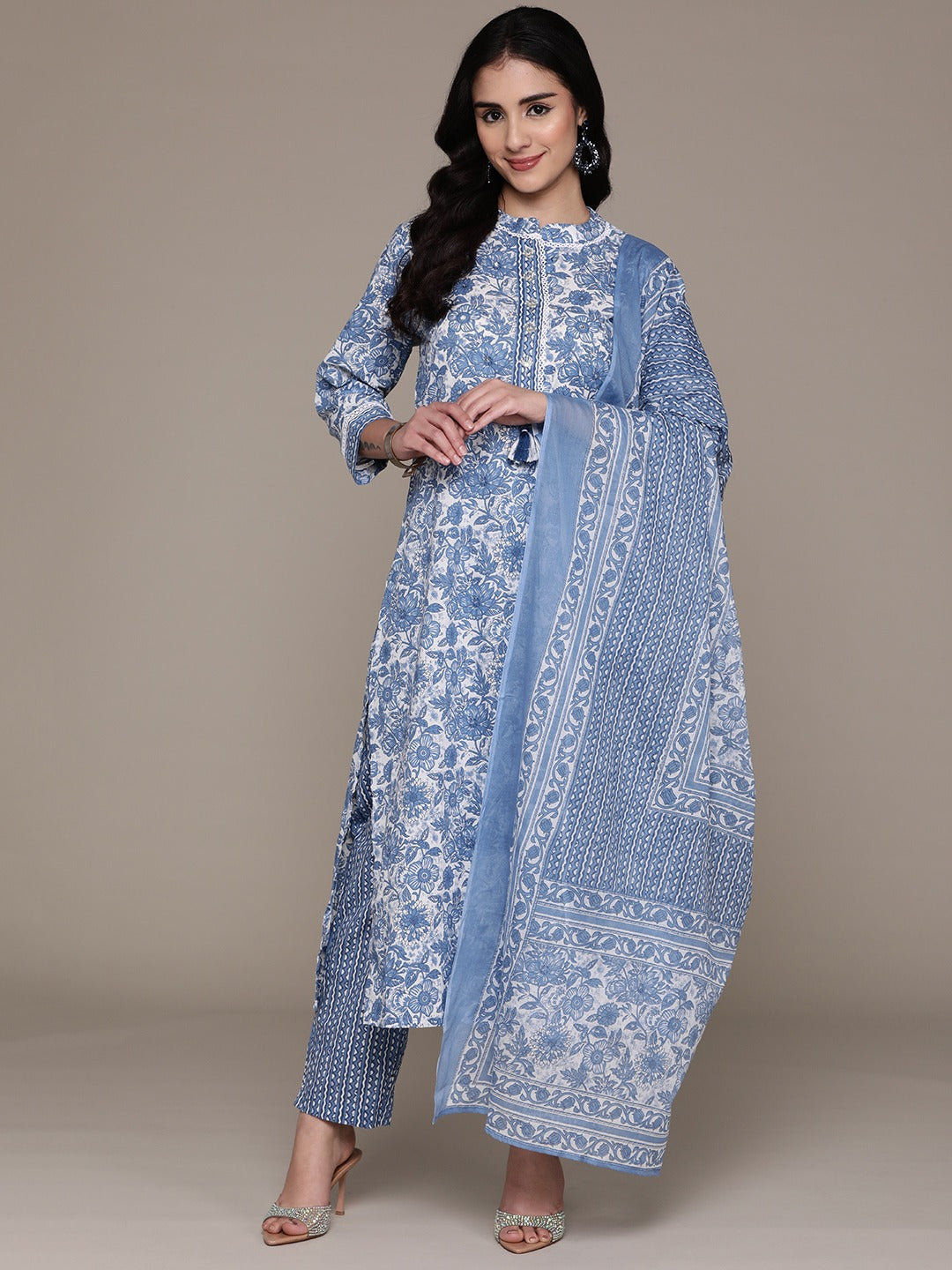 Straight Style Cotton Fabric Blue Color Kurta With Bottom And Dupatta