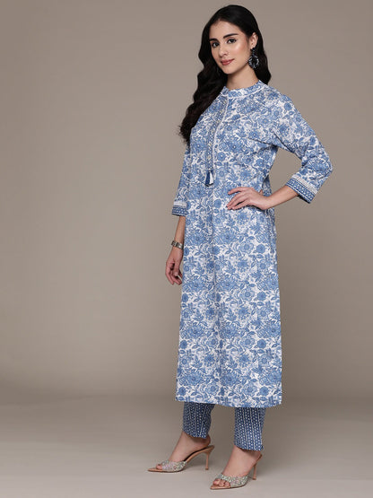Straight Style Cotton Fabric Blue Color Kurta With Bottom And Dupatta