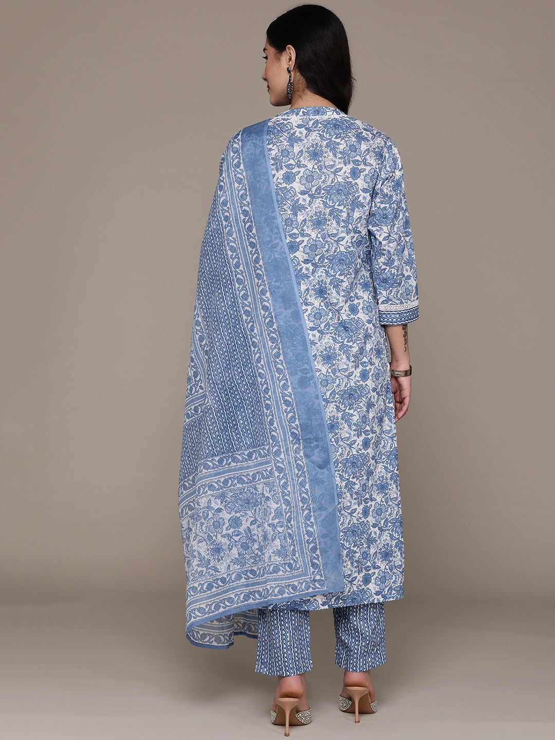 Straight Style Cotton Fabric Blue Color Kurta With Bottom And Dupatta