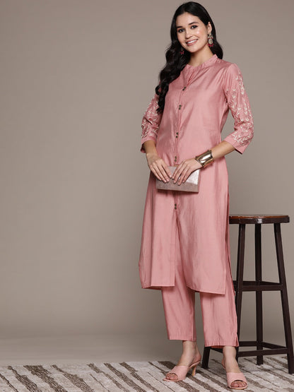 Straight Style Silk Fabric Peach Color Kurta And Bottom