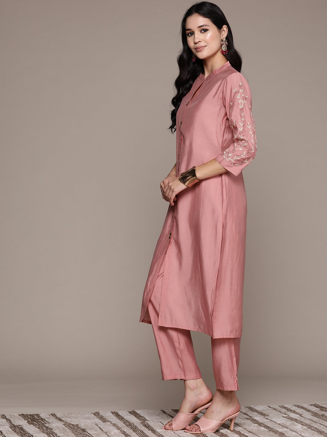 Straight Style Silk Fabric Peach Color Kurta And Bottom