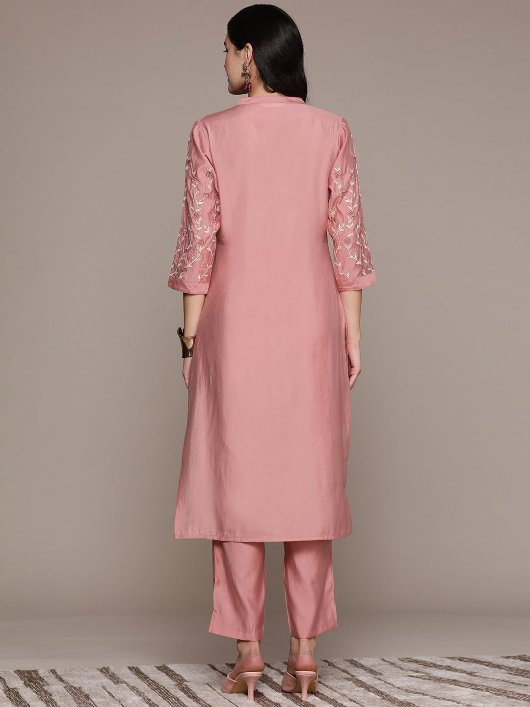 Straight Style Silk Fabric Peach Color Kurta And Bottom