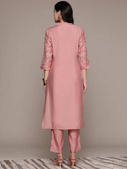 Straight Style Silk Fabric Peach Color Kurta And Bottom
