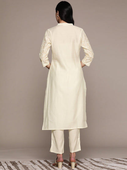 Straight Style Silk Fabric Off White Color Kurta And Bottom