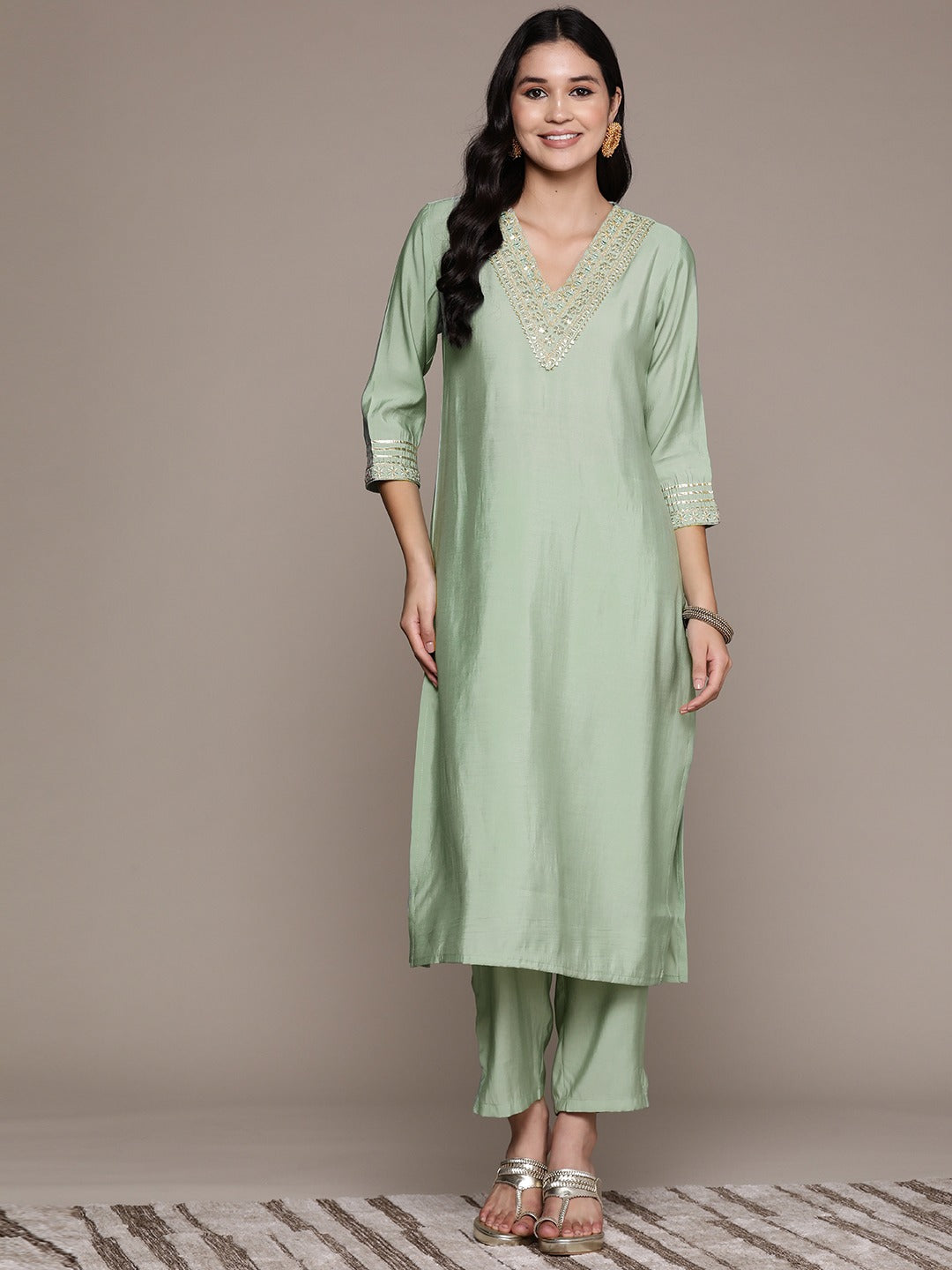 Straight Style Silk Fabric Green Color Kurta And Bottom