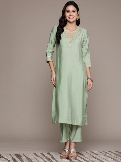 Straight Style Silk Fabric Green Color Kurta And Bottom