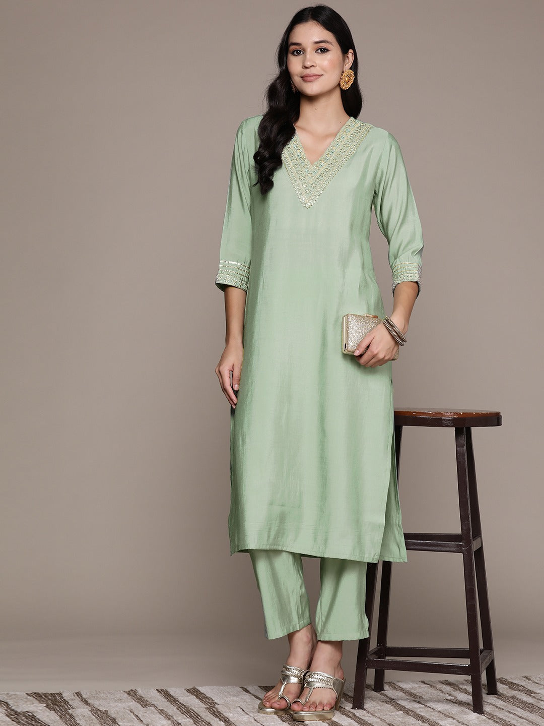 Straight Style Silk Fabric Green Color Kurta And Bottom