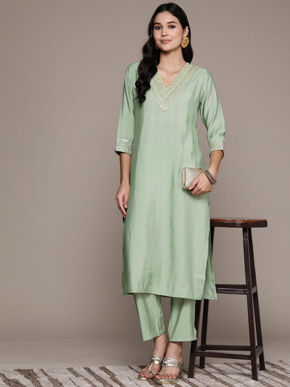 Straight Style Silk Fabric Green Color Kurta And Bottom