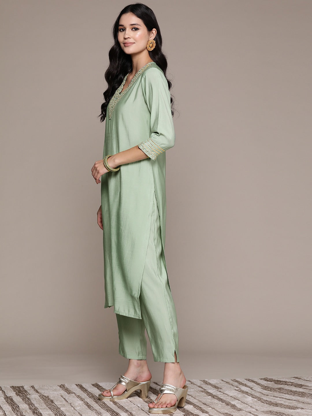 Straight Style Silk Fabric Green Color Kurta And Bottom