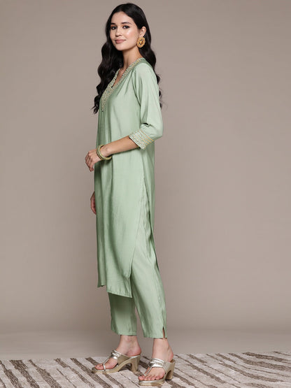 Straight Style Silk Fabric Green Color Kurta And Bottom
