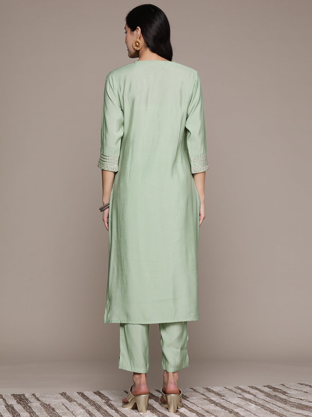 Straight Style Silk Fabric Green Color Kurta And Bottom