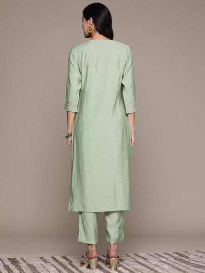 Straight Style Silk Fabric Green Color Kurta And Bottom