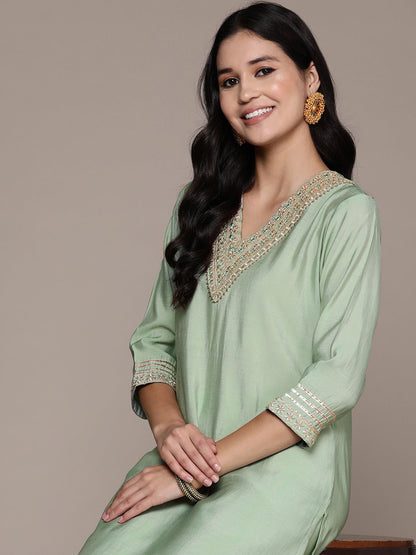Straight Style Silk Fabric Green Color Kurta And Bottom