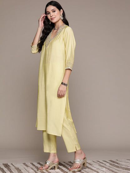 Straight Style Silk Fabric Yellow Color Kurta And Bottom