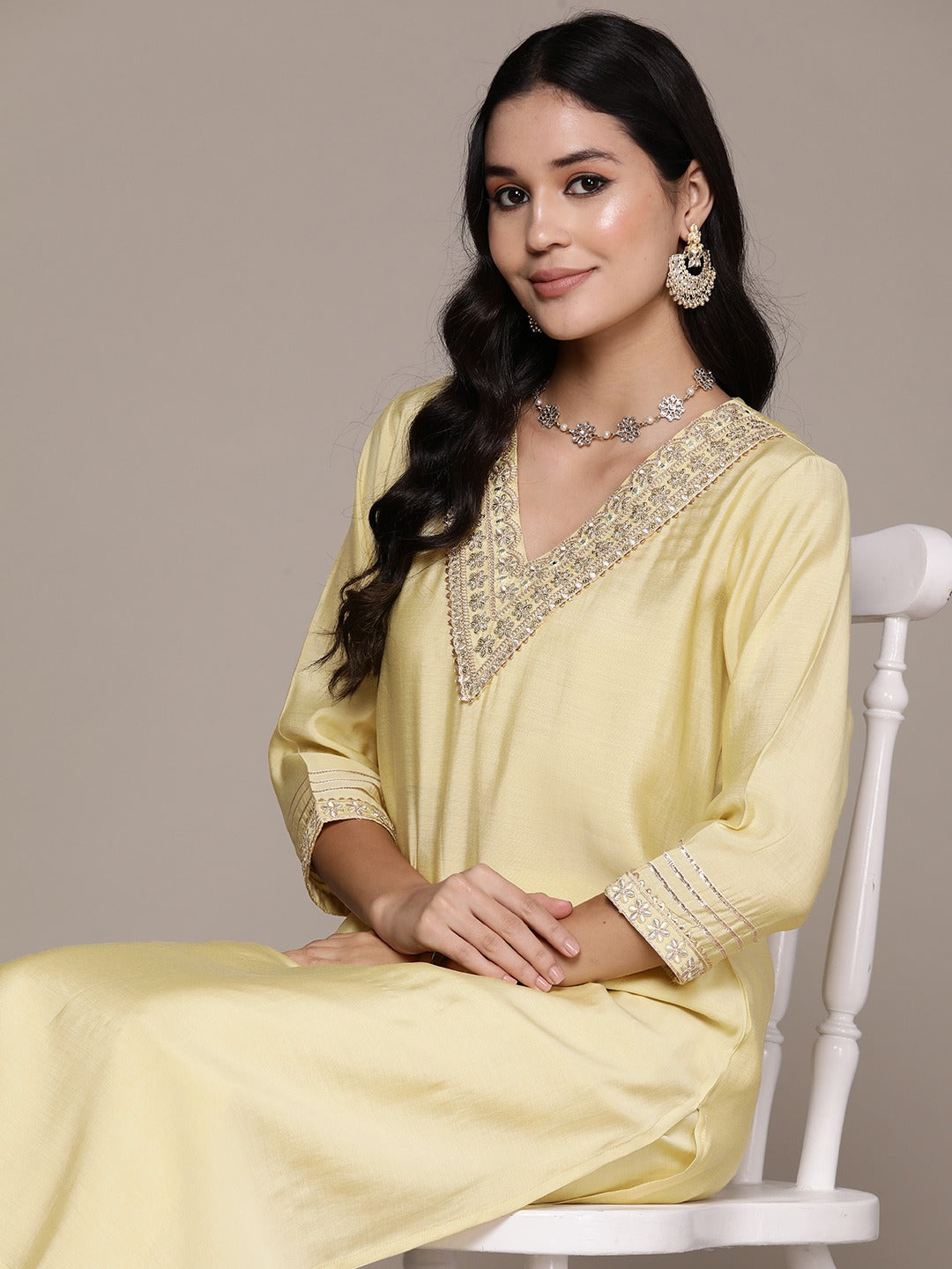 Straight Style Silk Fabric Yellow Color Kurta And Bottom