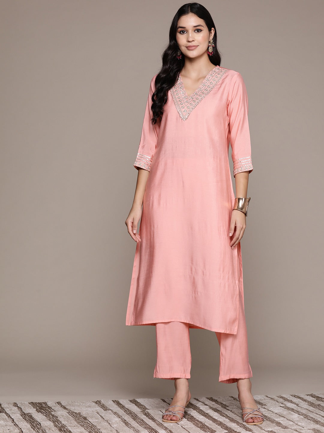 Straight Style Silk Fabric Peach Color Kurta And Bottom