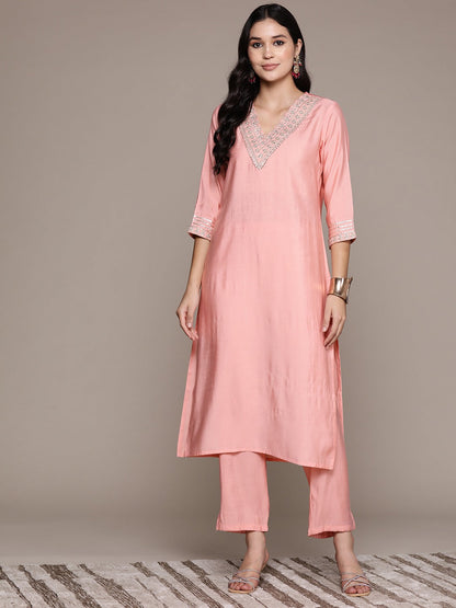 Straight Style Silk Fabric Peach Color Kurta And Bottom