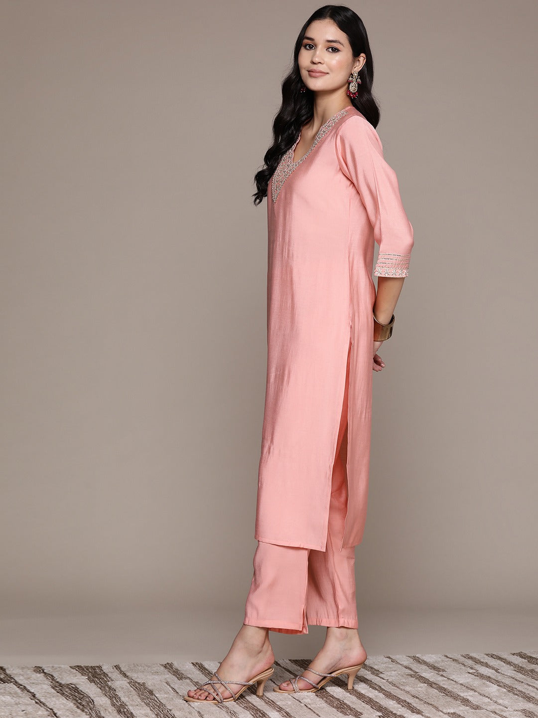 Straight Style Silk Fabric Peach Color Kurta And Bottom