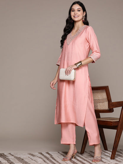 Straight Style Silk Fabric Peach Color Kurta And Bottom