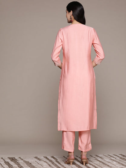 Straight Style Silk Fabric Peach Color Kurta And Bottom