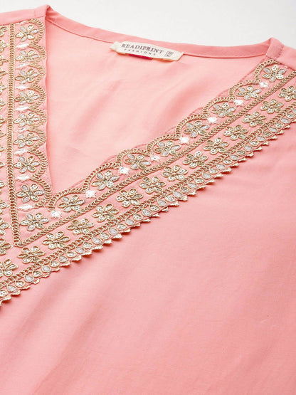 Straight Style Silk Fabric Peach Color Kurta And Bottom