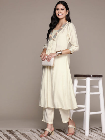 A Line Style Silk Fabric Cream Color Kurta And Bottom