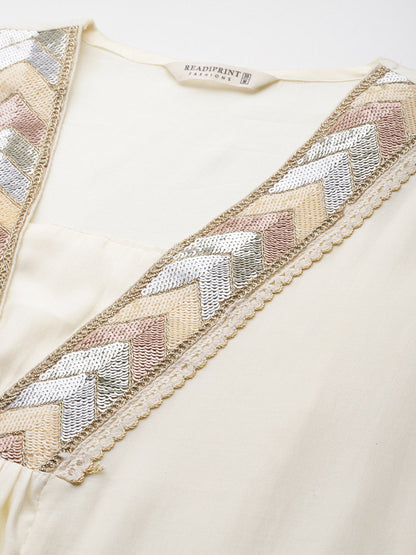 A Line Style Silk Fabric Cream Color Kurta And Bottom
