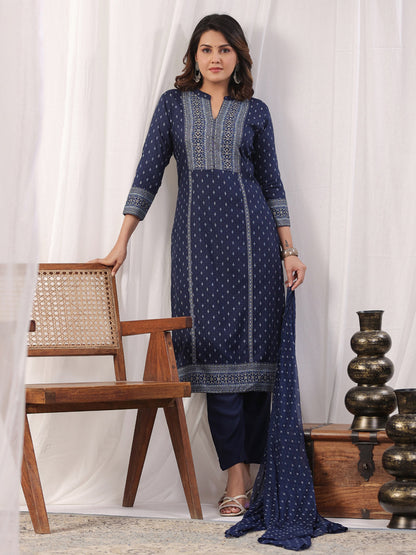 A line style Rayon fabric Navy Blue color kurta with Bottom and Dupatta