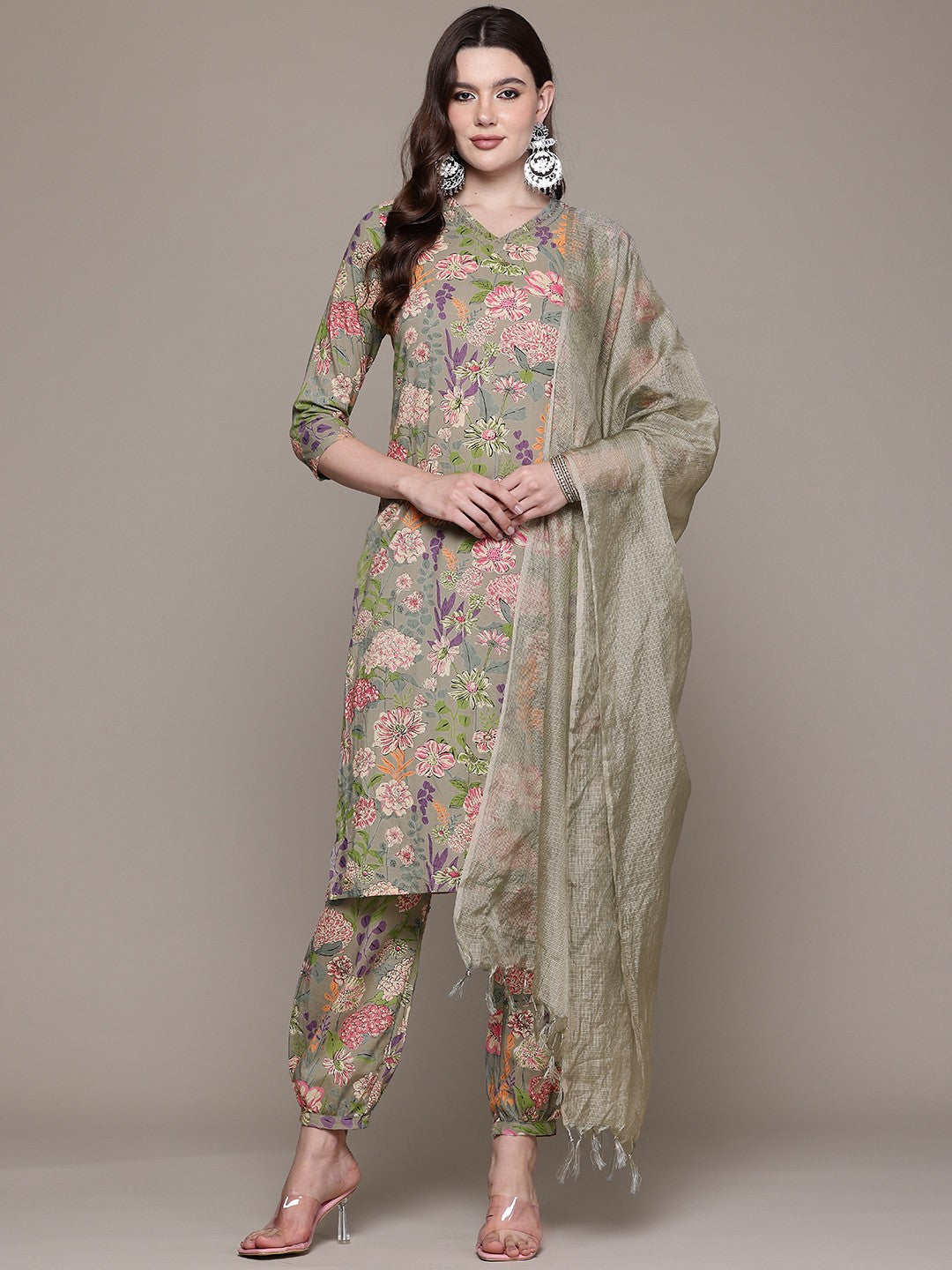 Straight style Cotton fabric Olive color kurta with Bottom and Dupatta