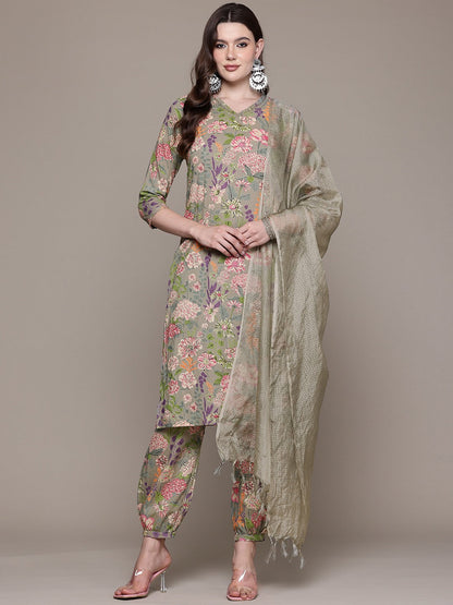 Straight style Cotton fabric Olive color kurta with Bottom and Dupatta