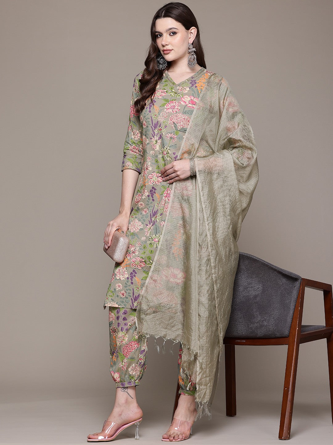 Straight style Cotton fabric Olive color kurta with Bottom and Dupatta