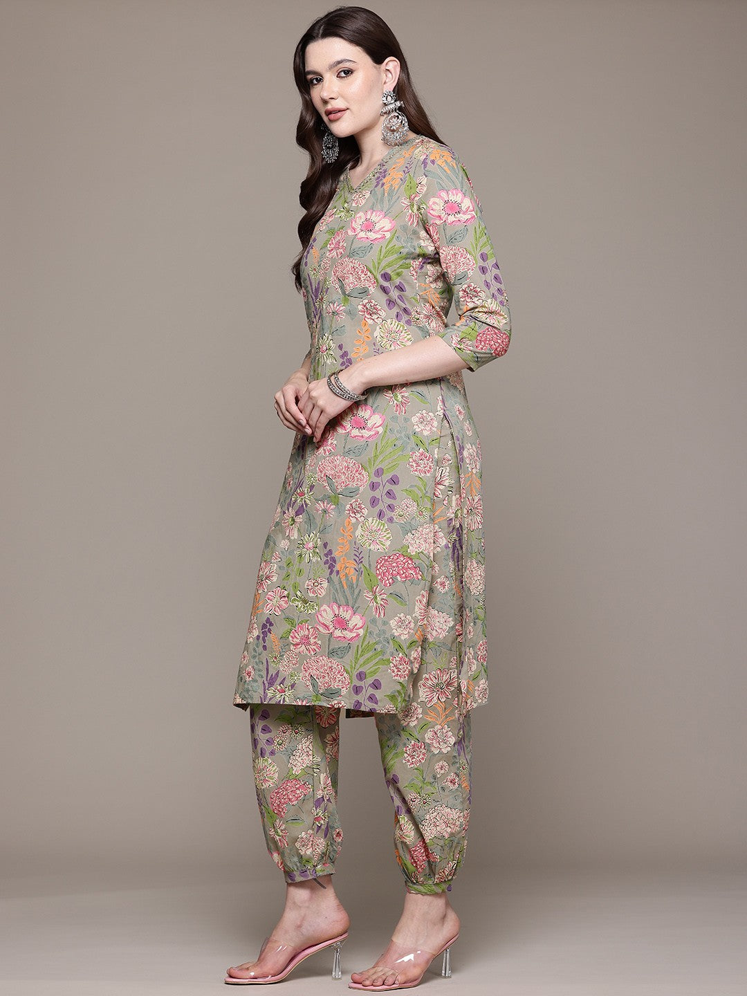 Straight style Cotton fabric Olive color kurta with Bottom and Dupatta