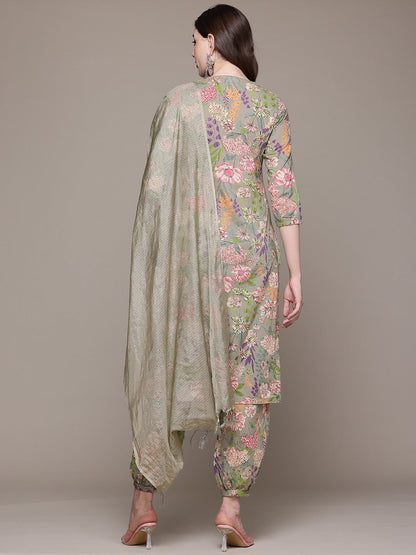 Straight style Cotton fabric Olive color kurta with Bottom and Dupatta
