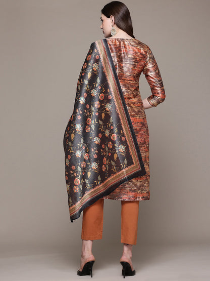Straight style Silk fabric Brown color kurta with Bottom and Dupatta