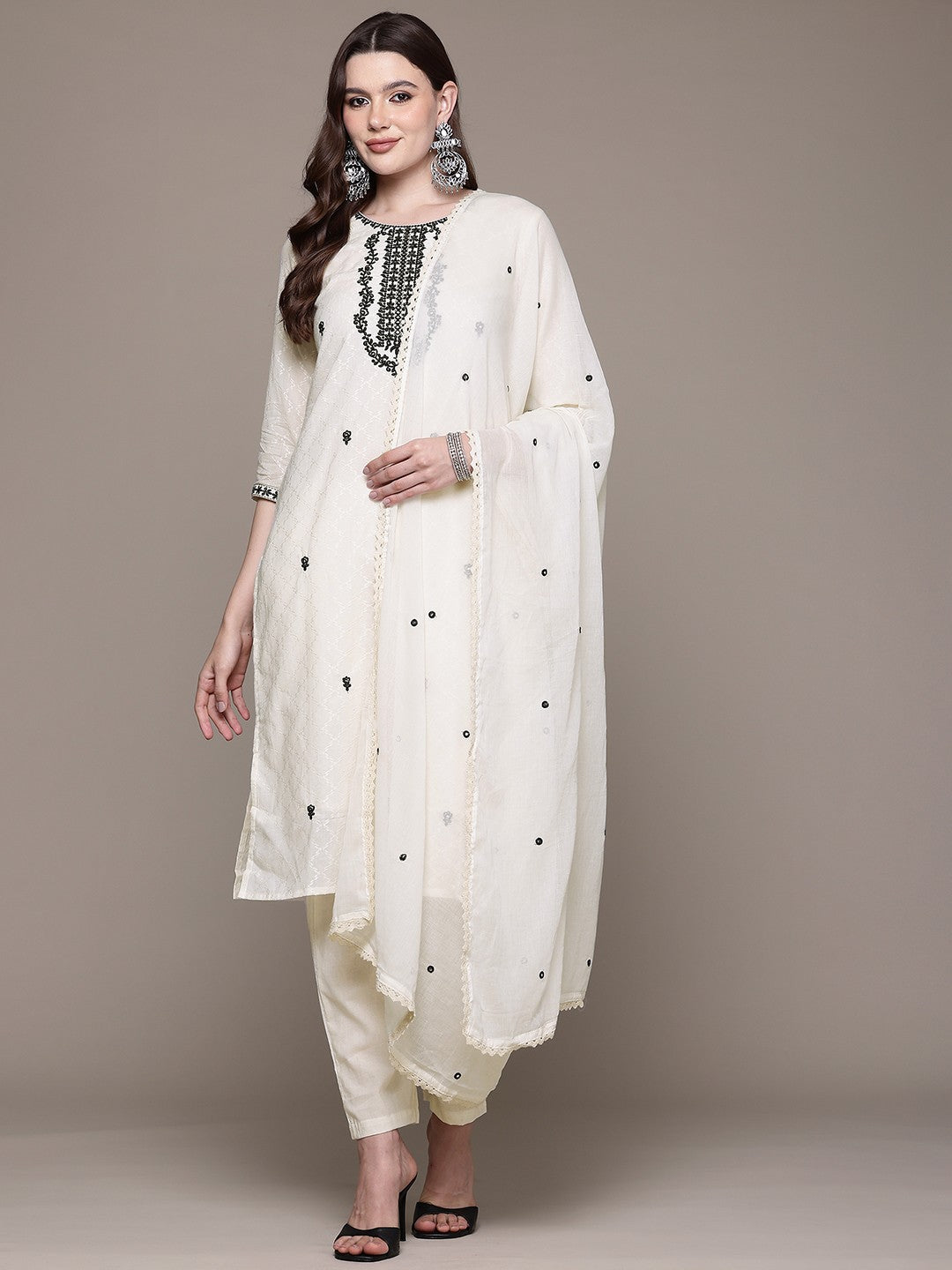 Straight style Cotton fabric Off White color kurta with Bottom and Dupatta