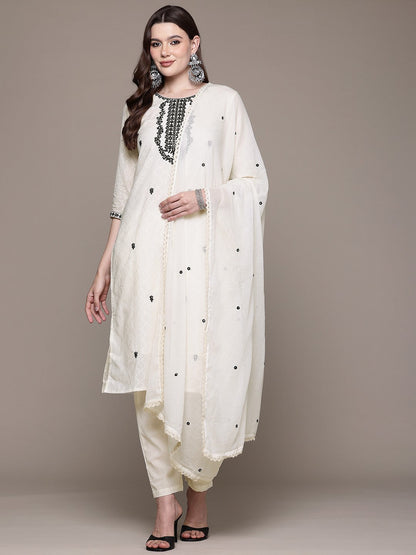 Straight style Cotton fabric Off White color kurta with Bottom and Dupatta