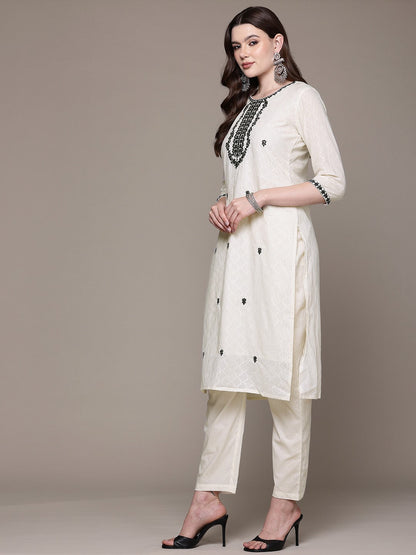 Straight style Cotton fabric Off White color kurta with Bottom and Dupatta