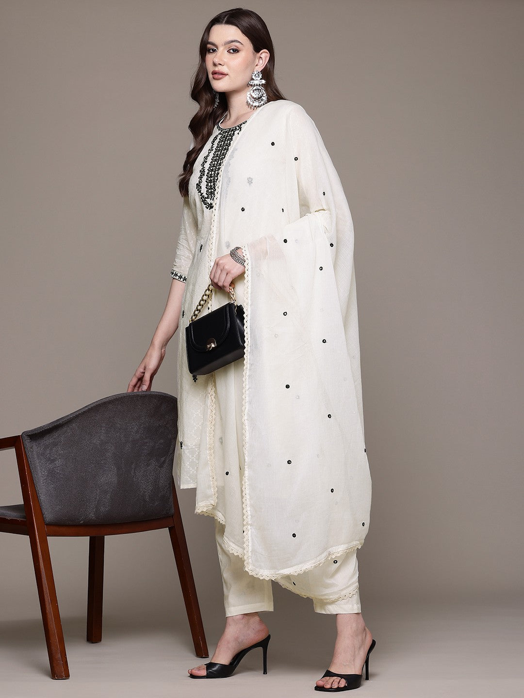 Straight style Cotton fabric Off White color kurta with Bottom and Dupatta