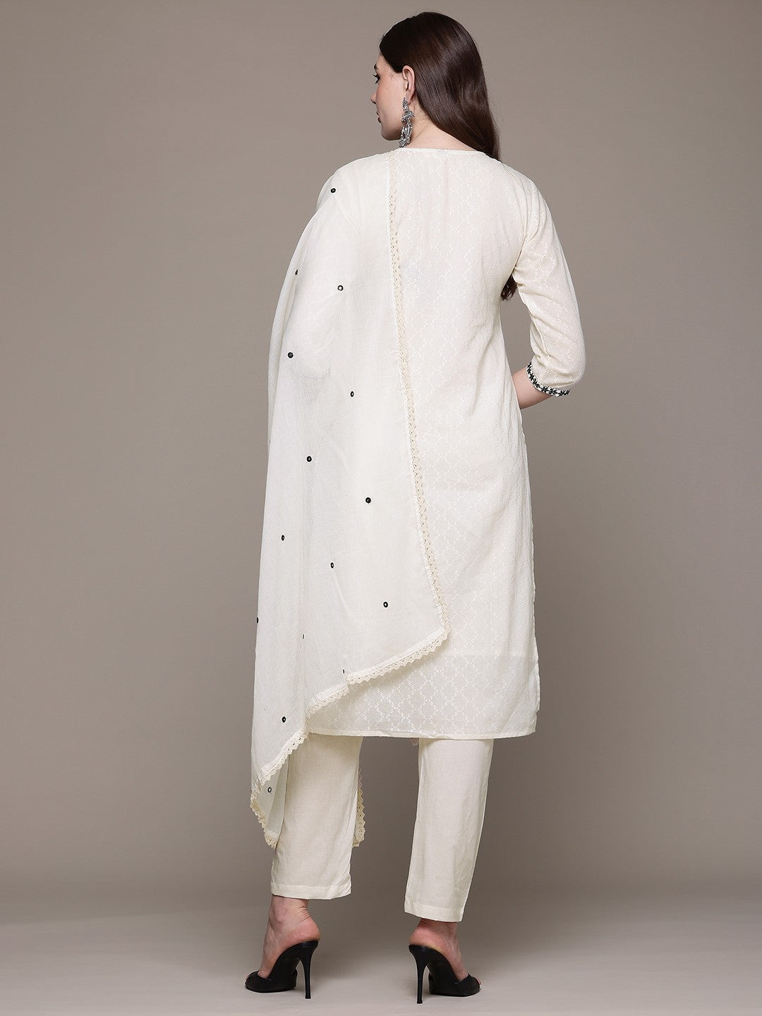 Straight style Cotton fabric Off White color kurta with Bottom and Dupatta