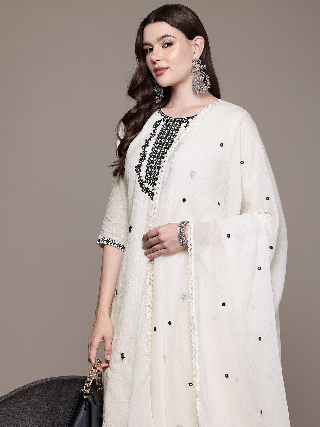 Straight style Cotton fabric Off White color kurta with Bottom and Dupatta