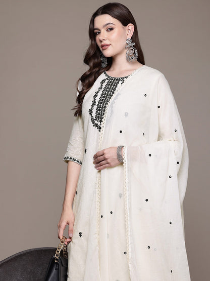 Straight style Cotton fabric Off White color kurta with Bottom and Dupatta