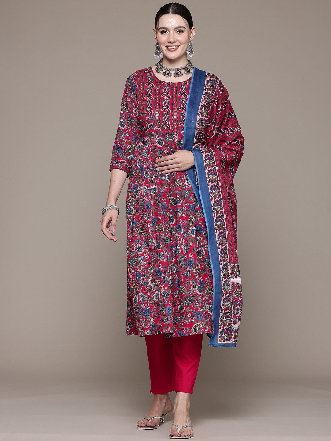 A line style Cotton fabric Magenta color kurta with Bottom and Dupatta