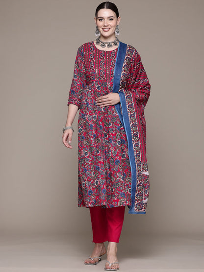A line style Cotton fabric Magenta color kurta with Bottom and Dupatta