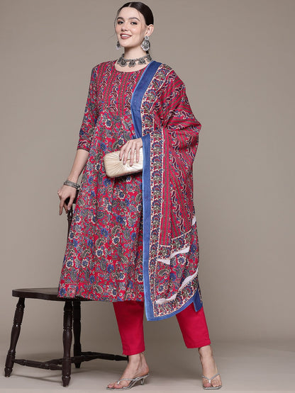 A line style Cotton fabric Magenta color kurta with Bottom and Dupatta