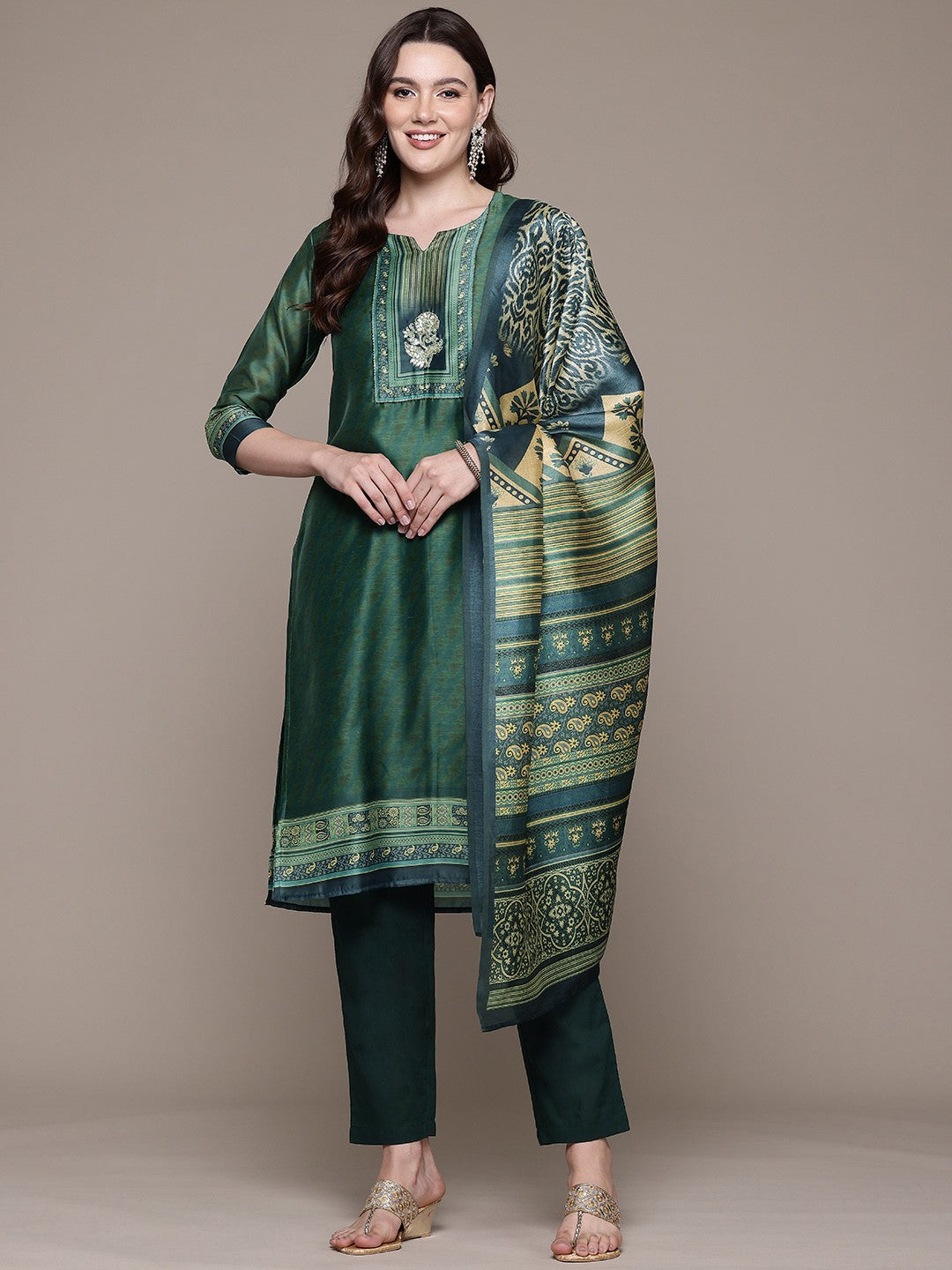 Straight style Silk fabric Green color kurta with Bottom and Dupatta