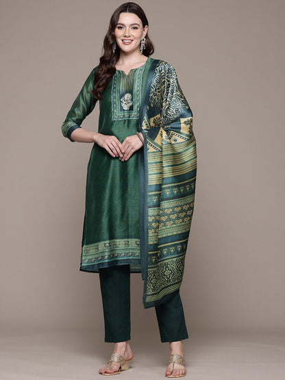 Straight style Silk fabric Green color kurta with Bottom and Dupatta
