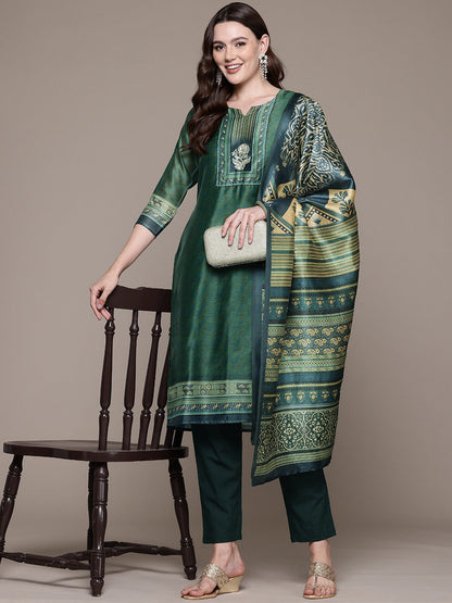 Straight style Silk fabric Green color kurta with Bottom and Dupatta