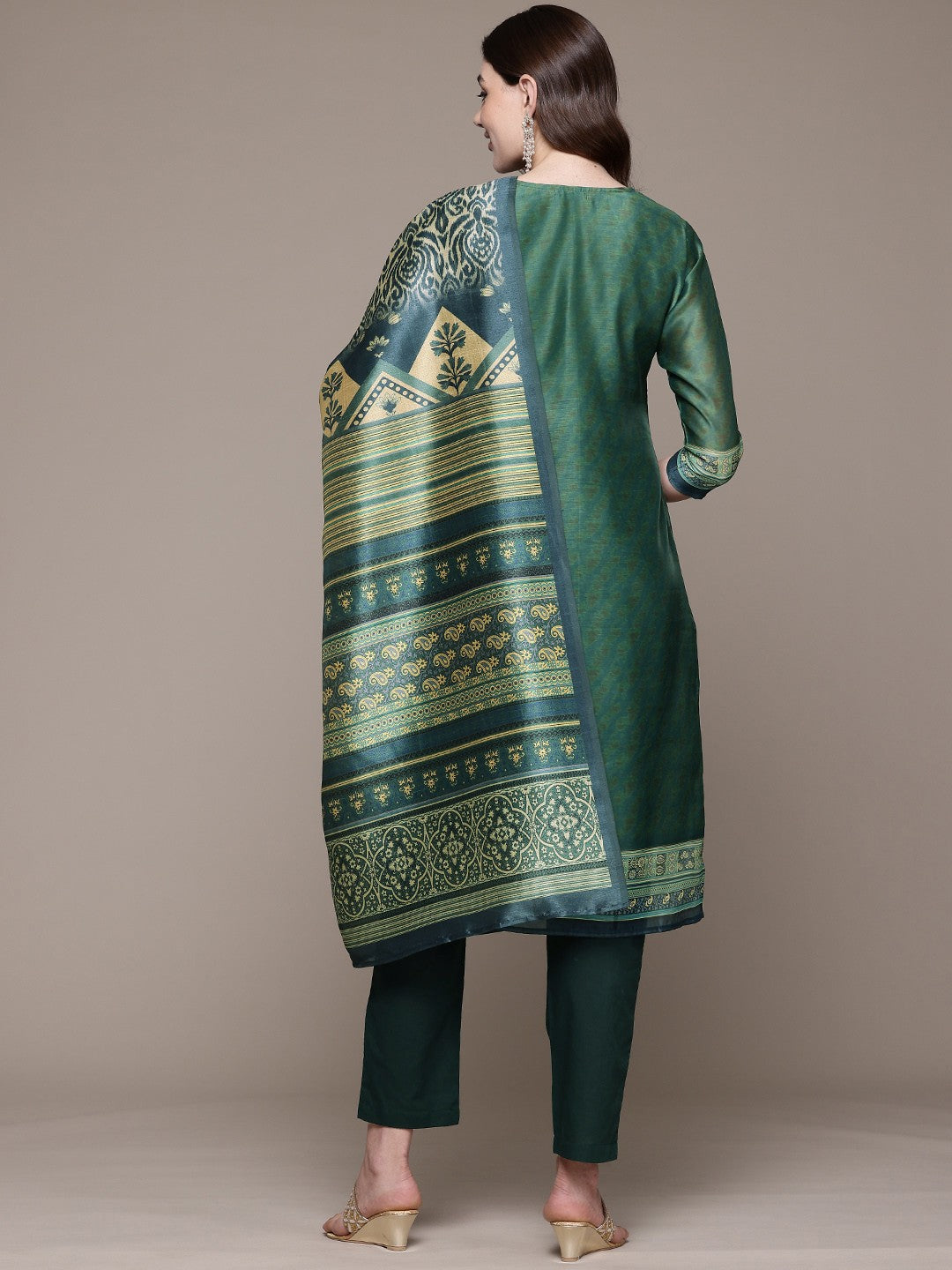 Straight style Silk fabric Green color kurta with Bottom and Dupatta
