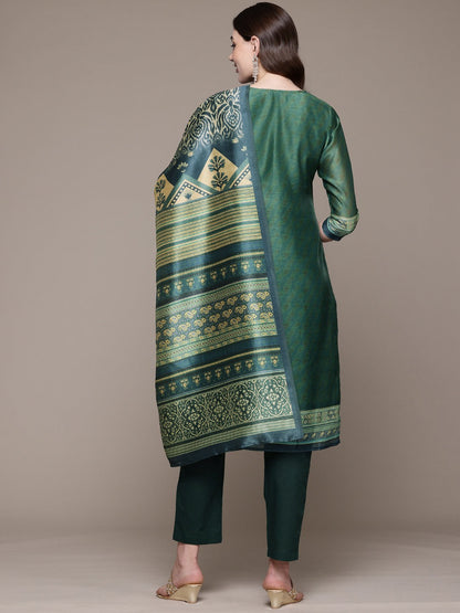 Straight style Silk fabric Green color kurta with Bottom and Dupatta